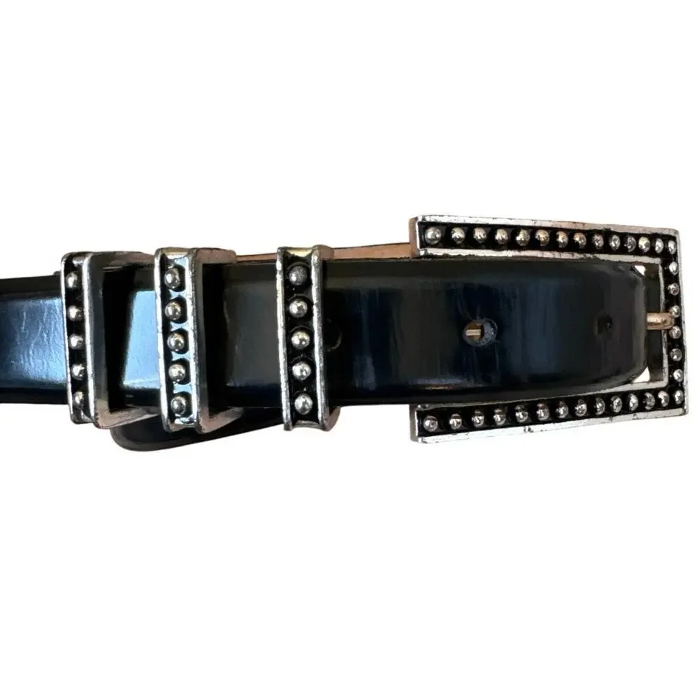 Carlisle‎ Black Italian Calfskin Belt Silver Tone Studded Look Hardware Small